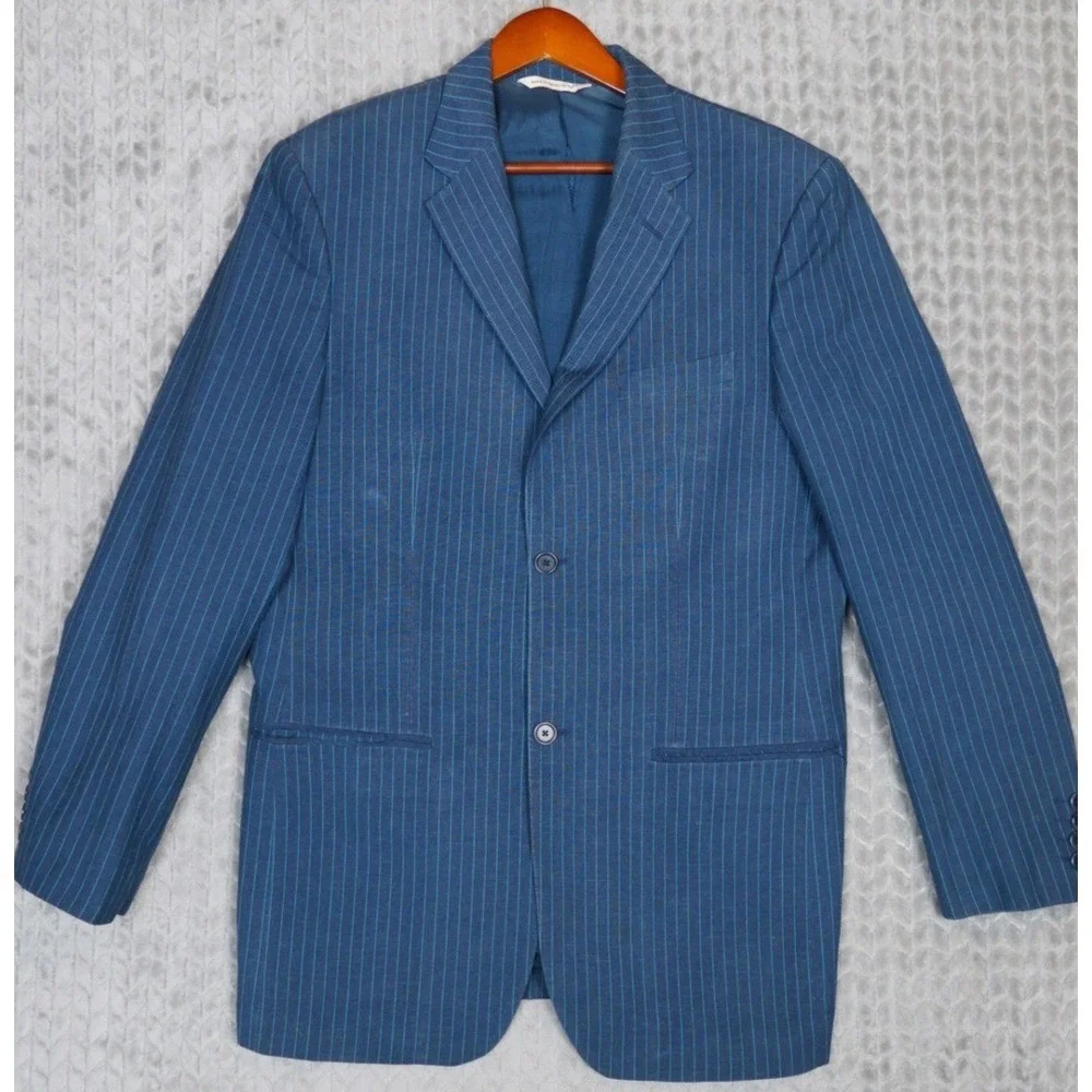 Perry Ellis Mens 42 Regular Blue Pinstripe Linen Blend 2 Button Blazer Jacket